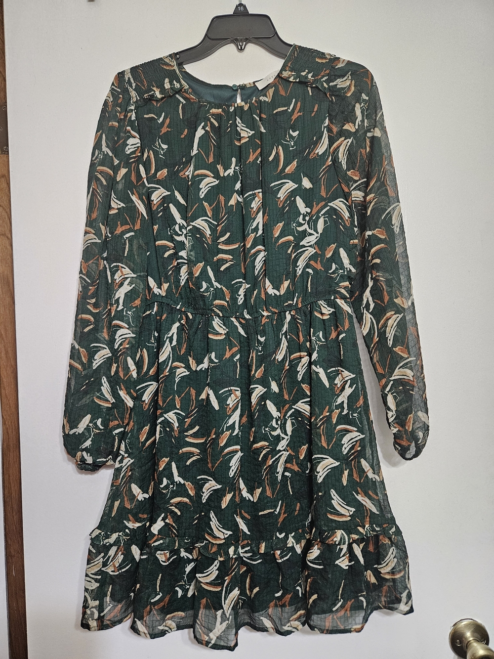 Lush Dark Green Floral Tiered Long-Sleeve Dress